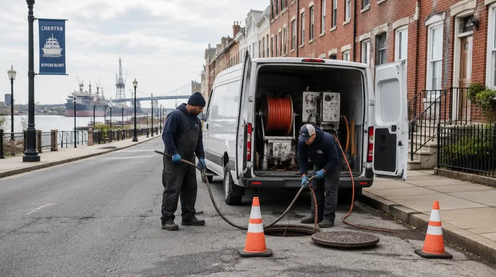 Service van on a residential street in Chester, Pennsylvania