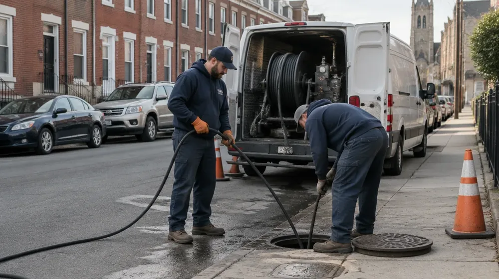 Service van on a residential street in Darby, Pennsylvania