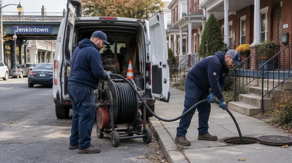 Service van on a residential street in Jenkintown, Pennsylvania