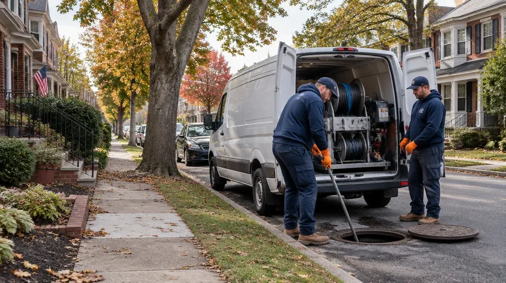 Service van on a residential street in Springfield, Pennsylvania