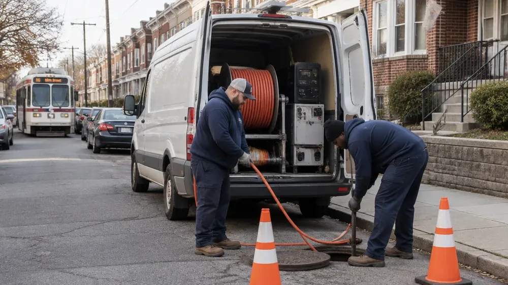 Service van on a residential street in Upper Darby, Pennsylvania