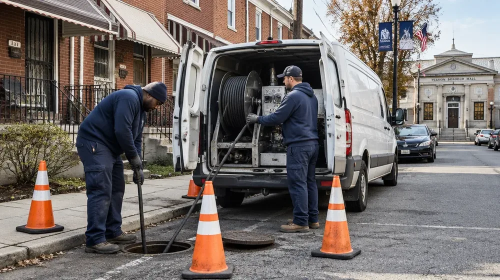 Service van on a residential street in Yeadon, Pennsylvania