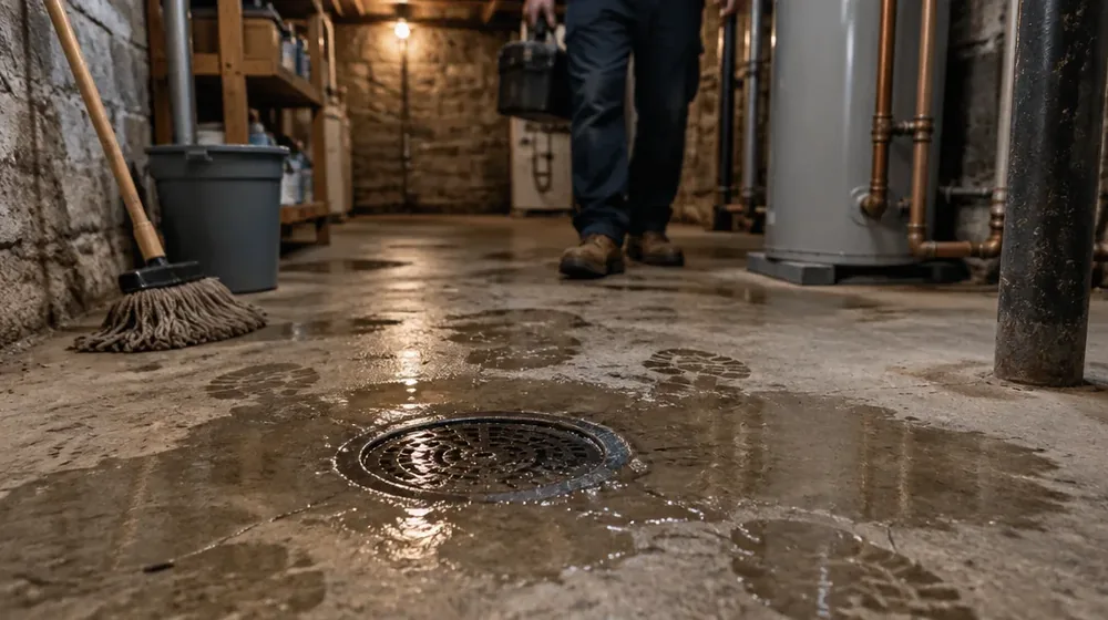 Philadelphia basement floor drain with water rising during a storm