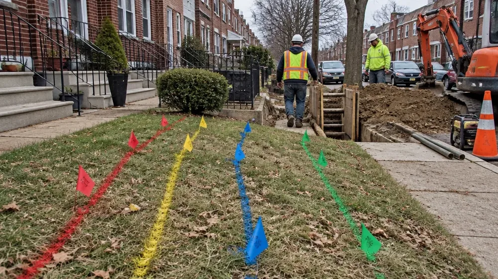 Utility paint marks and flags tracing buried lines across a Philadelphia yard