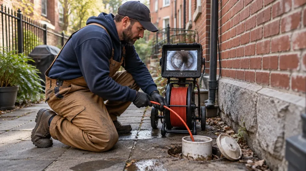 Technician feeding a sewer camera into a Philadelphia cleanout