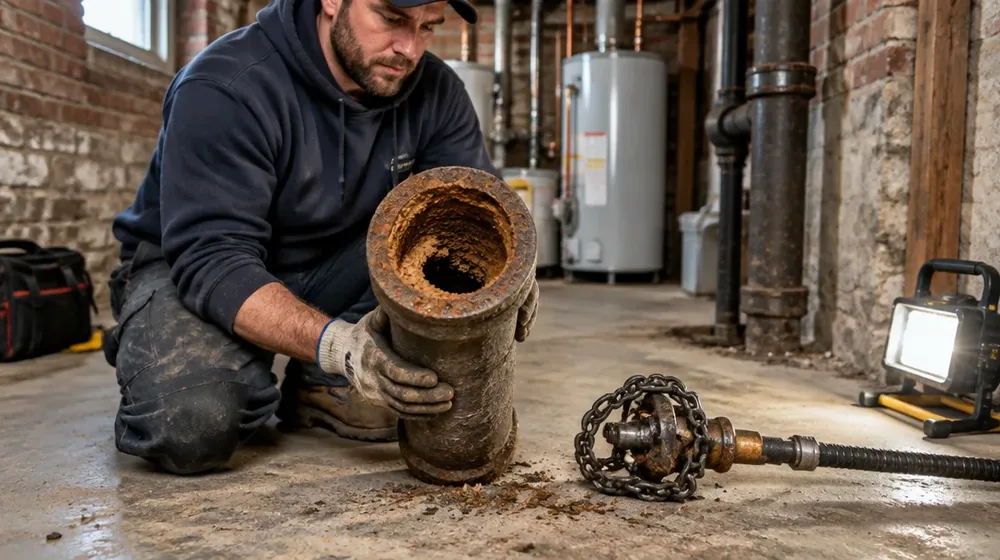 Cut cast iron stack section showing thick internal scale in a Philadelphia basement