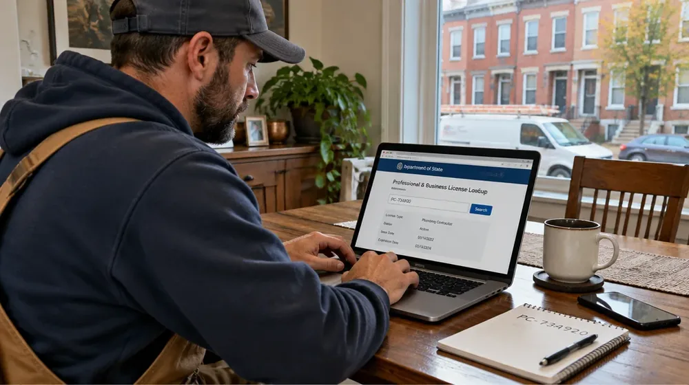 Homeowner checking a contractor license on a laptop in Philadelphia