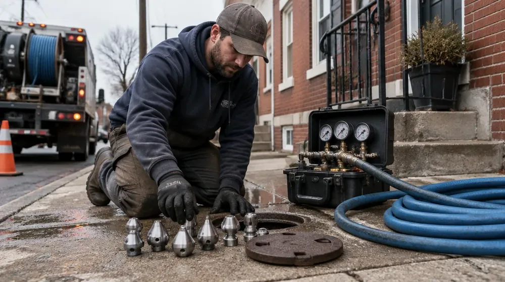 Hydro jetter gauge panel and spinning nozzles laid out beside a Philadelphia cleanout