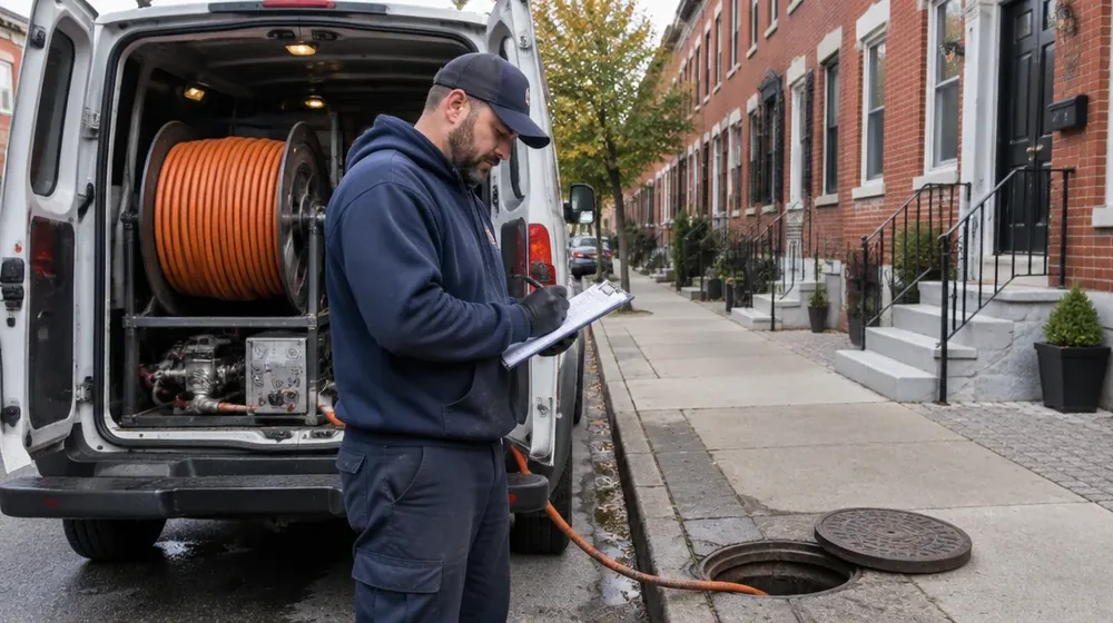 Technician logging jetting maintenance dates beside a Philadelphia service van