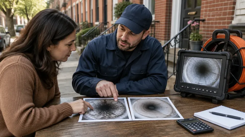 Homeowner comparing two drain company scopes beside a camera monitor