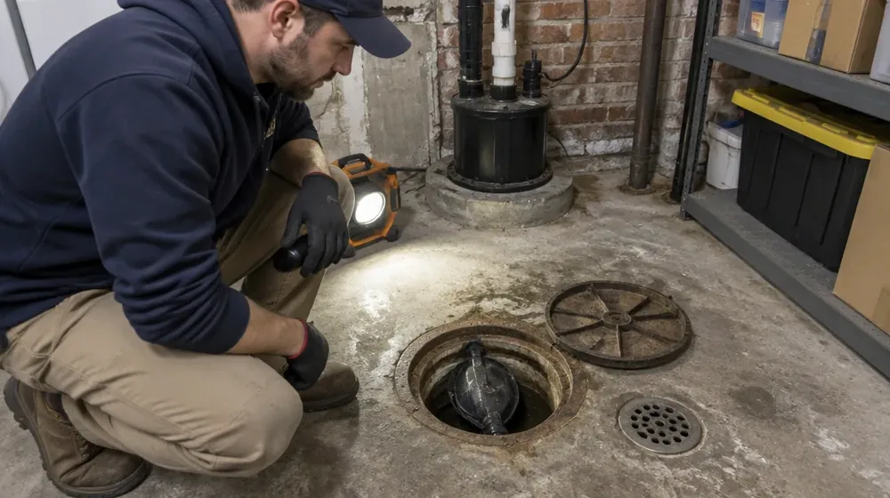 Backwater valve chamber open beside a Philadelphia basement floor drain