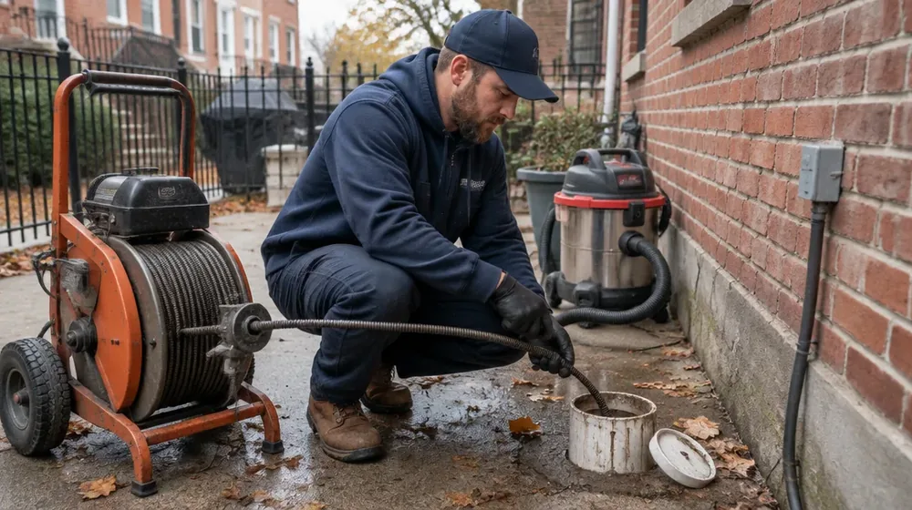 Open main sewer cleanout with standing water beside a Philadelphia rowhouse