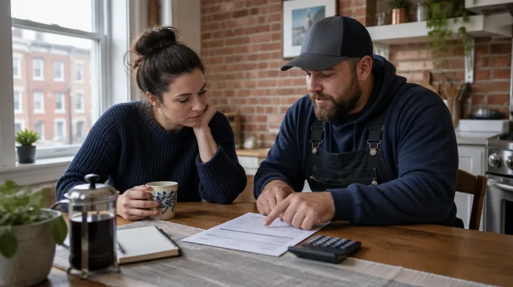 Homeowner reviewing a drain cleaning estimate at a rowhouse kitchen table