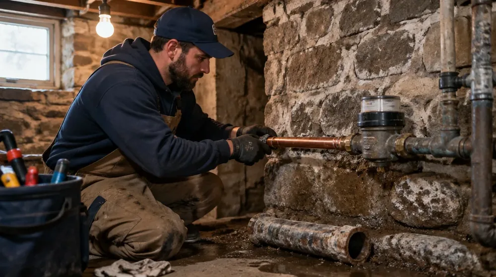 New copper water service entering a Philadelphia rowhouse basement wall