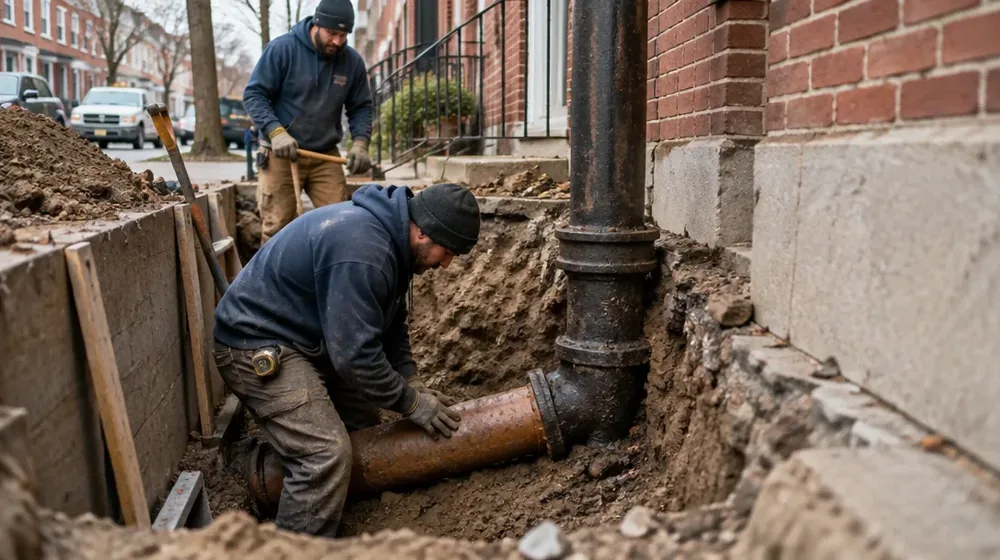 Exposed rowhouse sewer lateral showing clay tile meeting cast iron