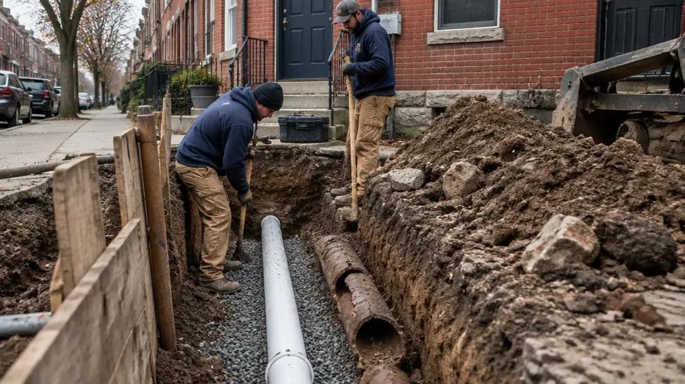 Open trench showing new PVC lateral beside old clay pipe in Philadelphia