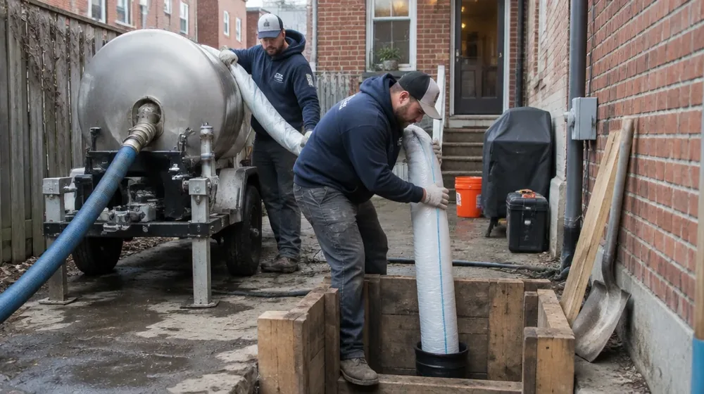 Technicians feeding a liner into a Philadelphia lateral from a small access pit