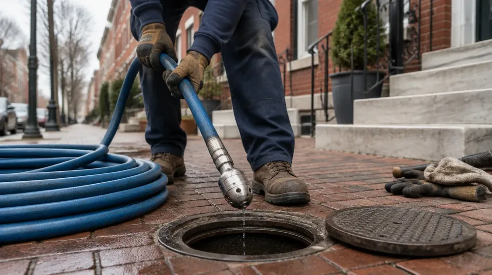 Hydro jetter hose and spinning nozzle beside a Philadelphia rowhouse cleanout