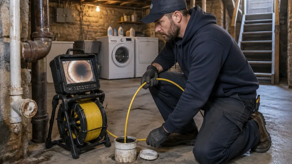 Technician guiding a sewer camera reel beside a Philadelphia basement cleanout