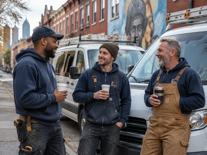Three Philadelphia drain technicians talking beside their service vans on a job