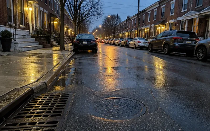 Row of brick rowhouses sharing a combined sewer main beneath the street