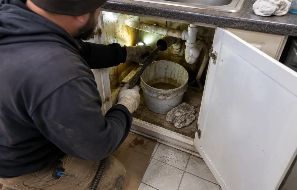 Plumber feeding a drain cable into a rowhouse kitchen sink line to clear a clog