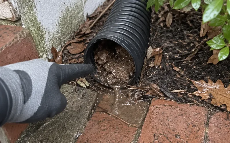 French drain outlet pipe half buried in mulch and packed with wet leaves