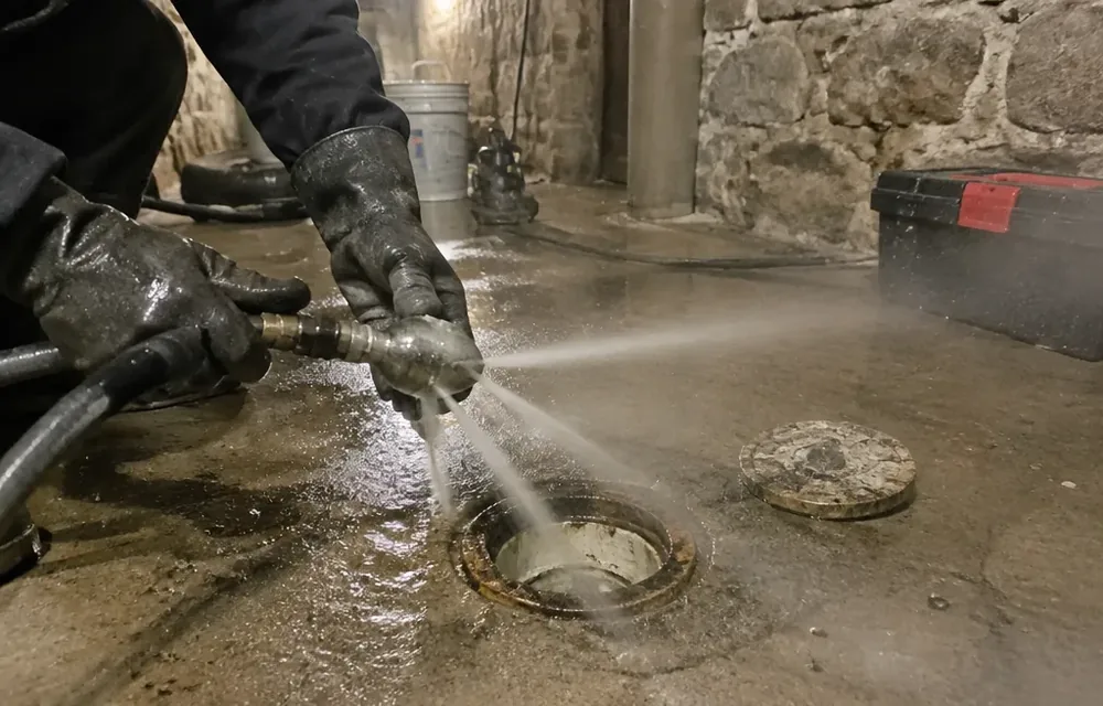 High-pressure hydro jetting nozzle spraying water inside a Philadelphia sewer lateral
