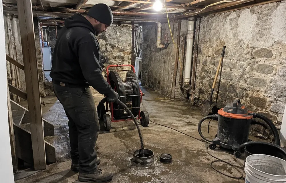 Technician clearing a main sewer lateral from a basement cleanout toward the city main