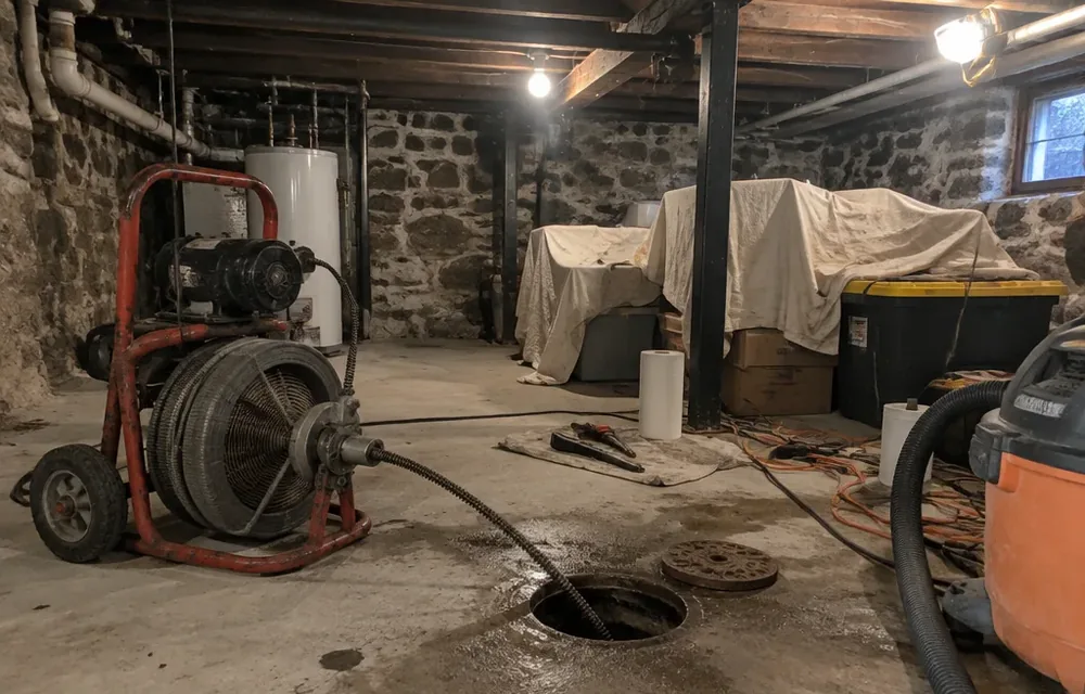Open basement cleanout with a cable drum staged in a Philadelphia twin rental