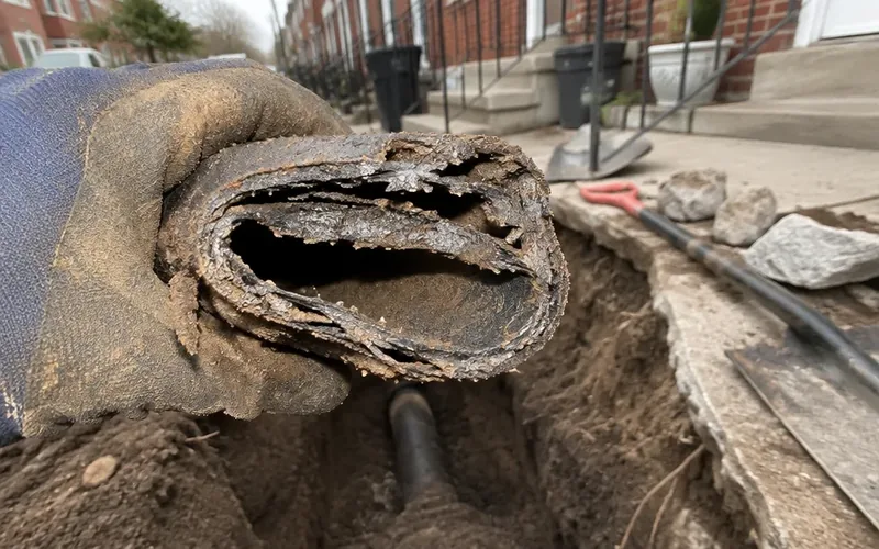 Section of failed Orangeburg sewer pipe showing a deformed and blistered wall