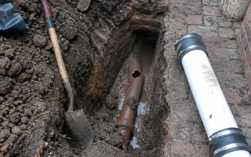 Small open excavation exposing a cracked clay sewer lateral for a spot repair