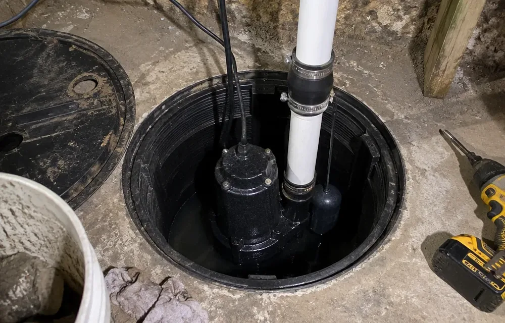 Cast iron sump pump installed in a basin with a check valve and discharge piping
