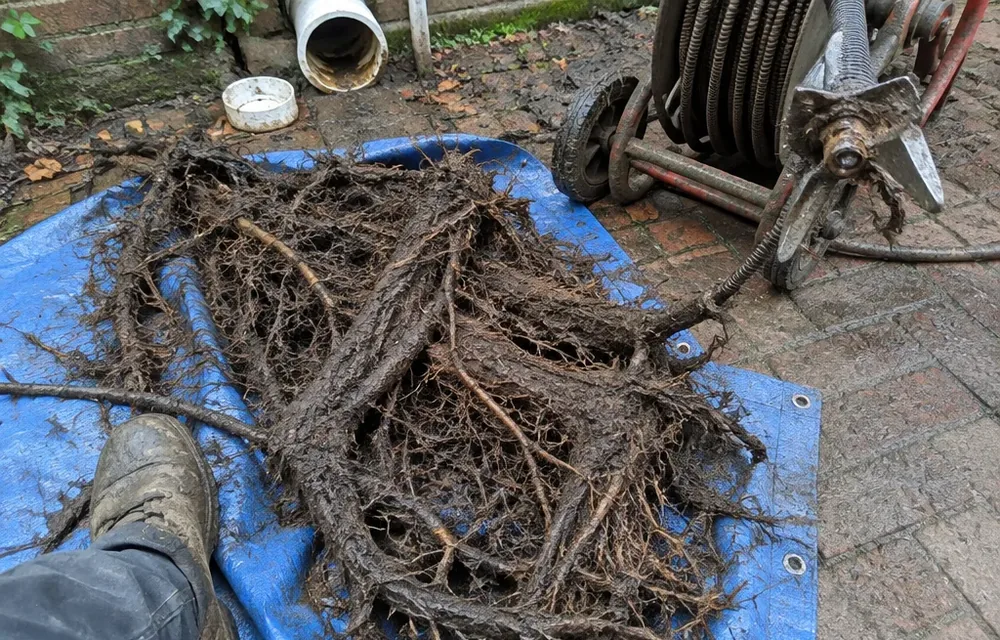 Mass of street-tree roots pulled from a clay lateral lying on a tarp beside a cleanout